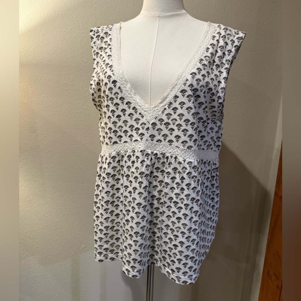 Lucky Brand NWT Boho Floral Tank Top | Size L | Crochet Trim | Tassel Tie Back